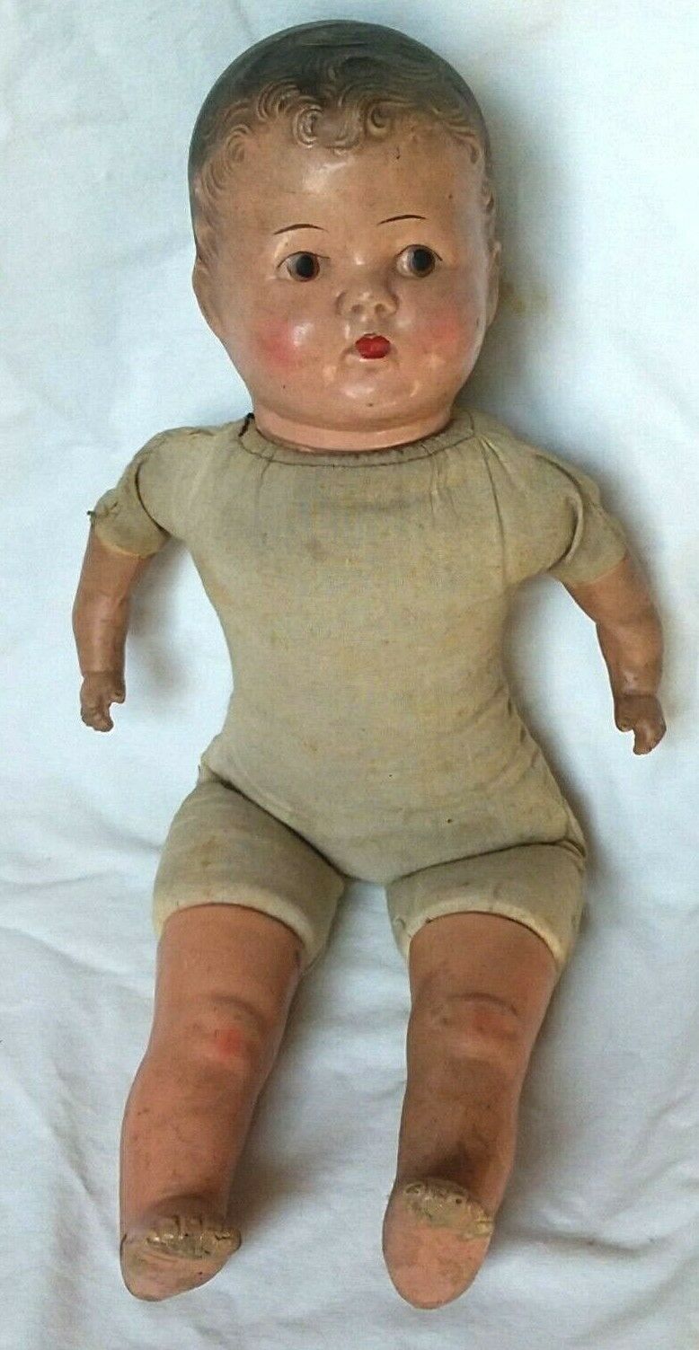 Antique Composition Mama Doll, Painted Face, Molded Brown Hair, Cry Box Broken