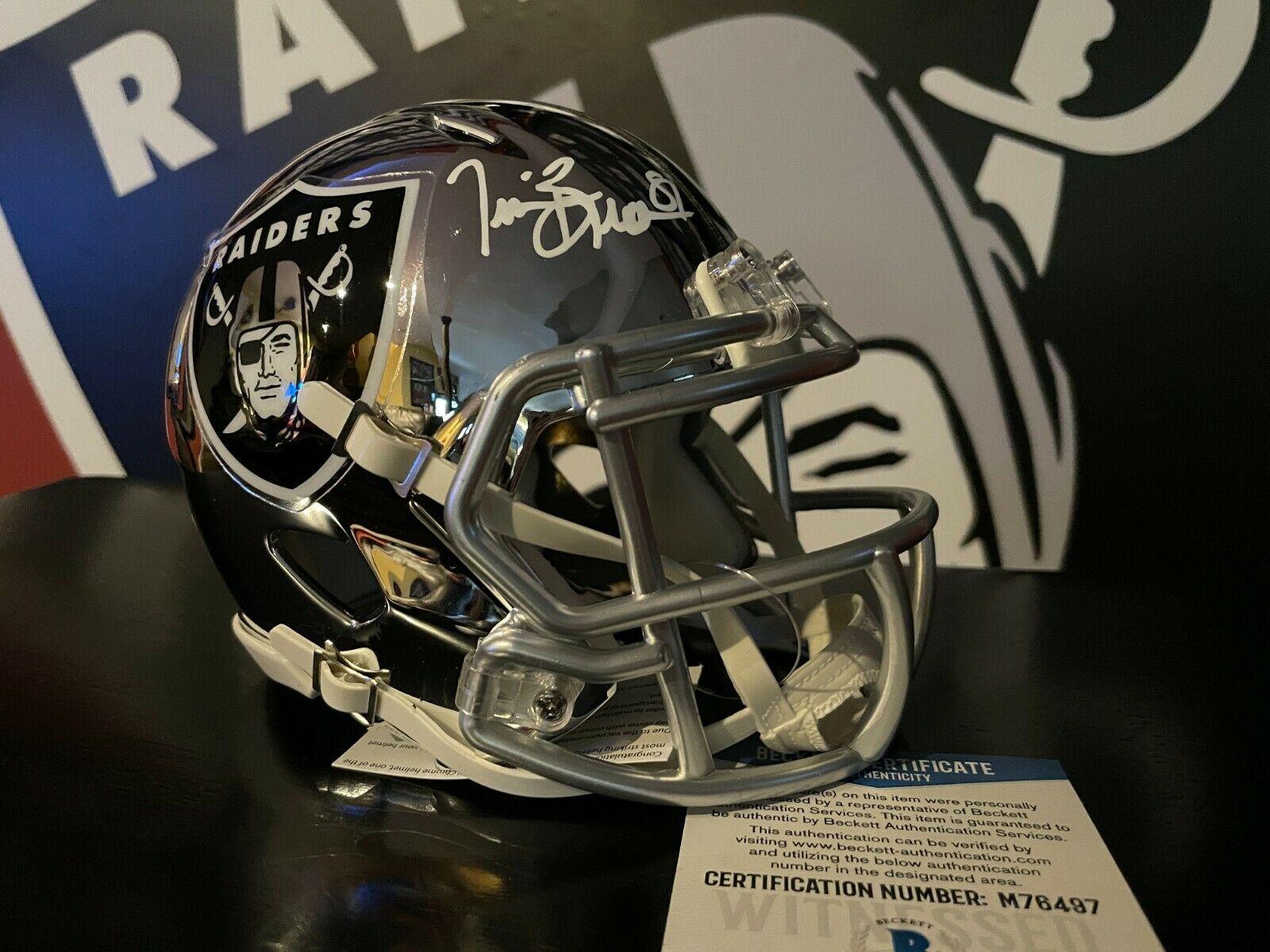 Tim Brown Autographed Oakland Raiders Chrome Mini Football Helmet - Bas Coa