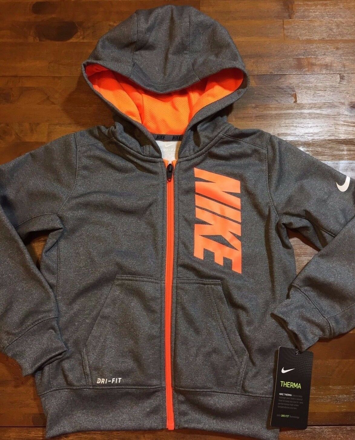 Nike Therma Zipper Hoodie Sweatshirt - Little Boy's Size 6 (gray/orange) Nwt
