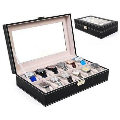 12 Slot Leather Wrist Watch Box Display Case Holder Glass Top Jewelry Storage
