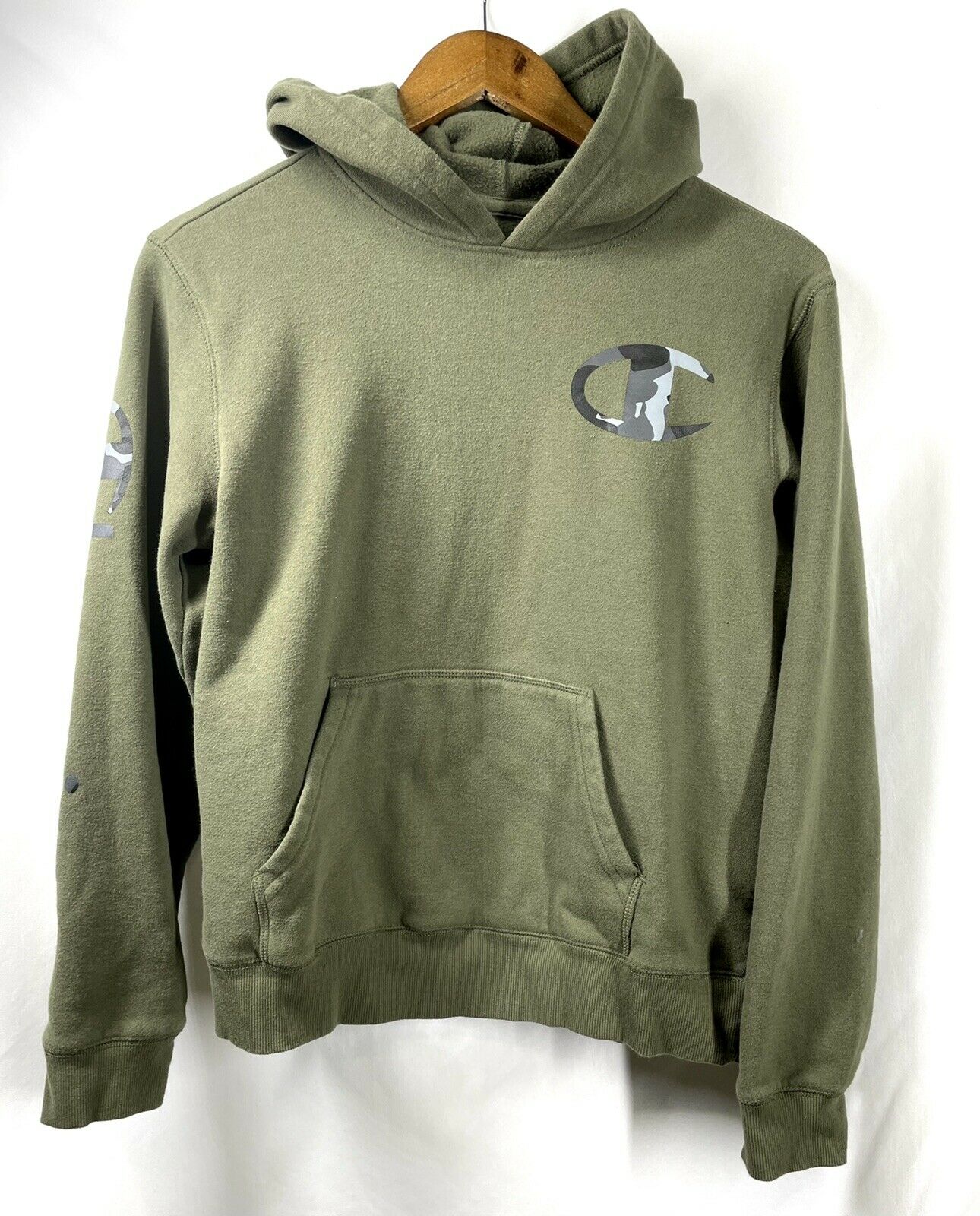 Champion Boys Xl Pullover Hoodie Green Camouflage Logo Guc Sweater