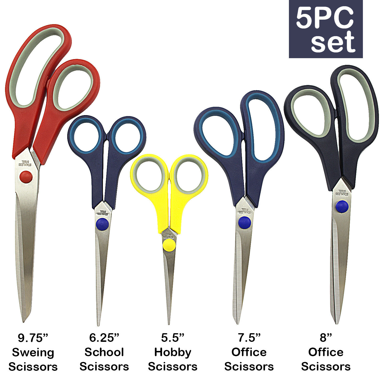 5 Piece Stainless Steel Comfort Grip Scissors Set Sewing Dress Hobby